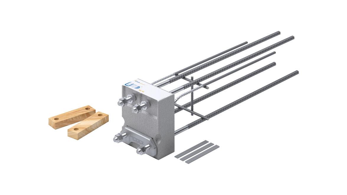 Das tragende Wärmedämmelement Isokorb Typ KS garantiert einen wärmebrückenarmen Anschluss von frei auskragenden Stahlträgern an Stahlbetondecken. Foto: Schöck Bauteile GmbH, Abdruck honorarfrei.