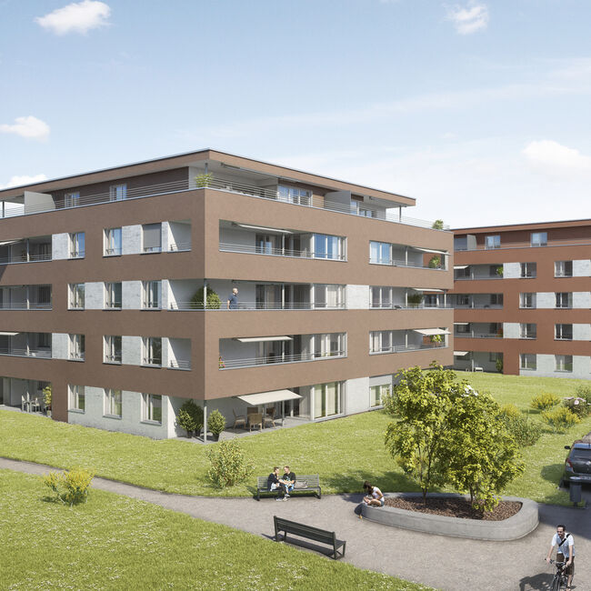 Oberentfelden erhält ein neues Quartier: Die Wohnüberbauung Römerpark umfasst über 300 Eigentums- und Mietwohnungen mit starkem Bezug zum grosszügigen Aussenraum.