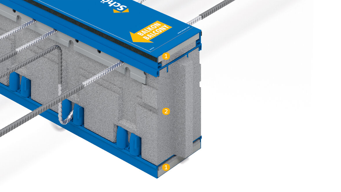 1) Für hervorragendes Feuerwiderstandsverhalten sorgen die langlebigen Brandschutzplatten bei Schöck Isokorb. Sie decken die obere und untere Fläche des Produkts ab. 2) Die hervorragenden Dämmeigenschaften des Dämmkörpers bleiben auch bei Kontakt mit Wass