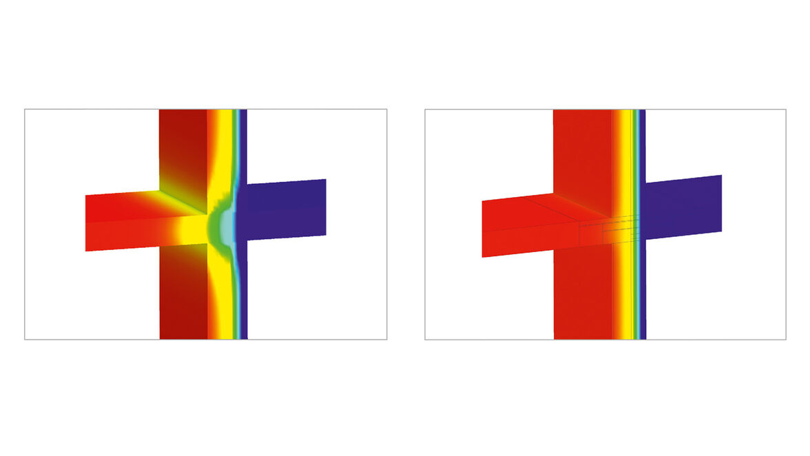 Gegenüberstellung von Balkonplatte und Sockelanschluss: mit und ohne thermischer Trennung. 