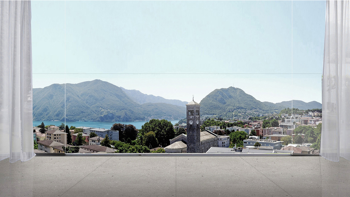 Die Südseite Richtung See ist offen gestaltet und bietet Blick auf Stadt und See. Visualisierung: Artech SA, Lugano Die Südseite Richtung See ist offen gestaltet und bietet Blick auf Stadt und See. Visualisierung: Artech SA, Lugano