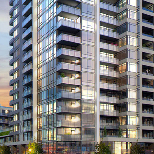 View of balconies on LIDO Residential Tower in Vancouver, BC