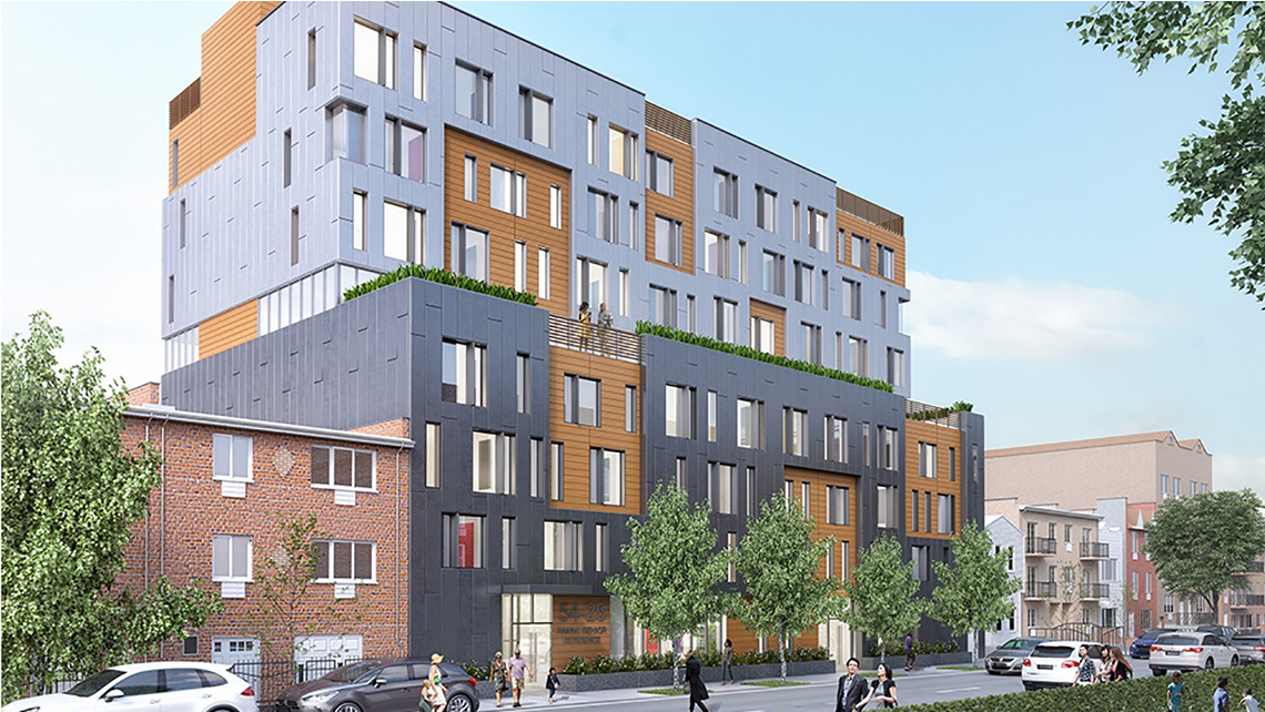 An architectural rendering of the HANAC Corona Senior Residence HANAC Corona Senior Housing rendering