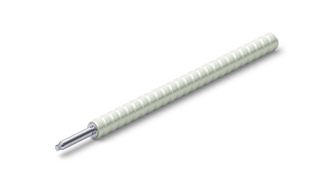 The Schöck Isolink® type F-S consists of a bar made of glass fiber composite material with extremely low thermal conductivity and a stainless steel connection thread. Photo: Schöck Bauteile GmbH. The Schöck Isolink® type F-S consists of a bar made of glass fiber composite material with extremely low thermal conductivity and a stainless steel connection thread. Photo: Schöck Bauteile GmbH.