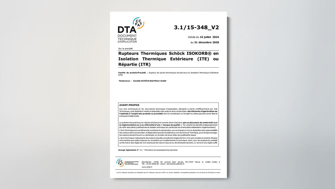 DTA 3.1_15-348_V2 du CSTB pour les rupteurs thermiques Schöck Isokorb en Isolation Thermique Extérieure ou Répartie 