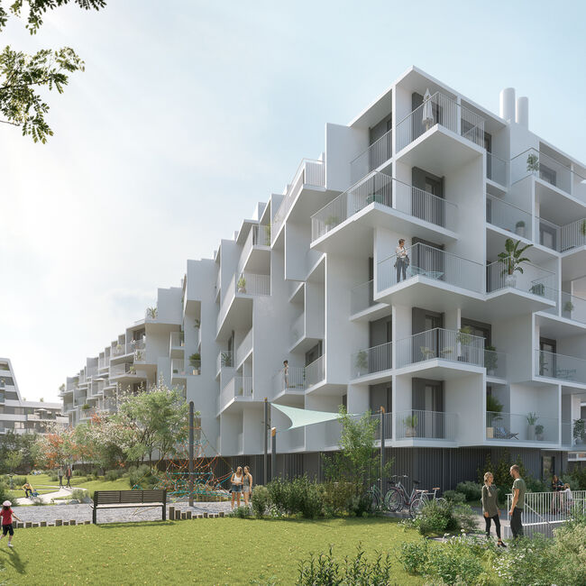 Am zentralen Baukörper „Magnolia“ in „Kennedy Garden“ sichert das tragende Wärmedämmelement Schöck Isokorb den bauphysikalischen Anschluss der Wandscheiben und der unterschiedlich angeordneten Balkone und Loggien und trägt damit zum nachhaltigen Bauen bei